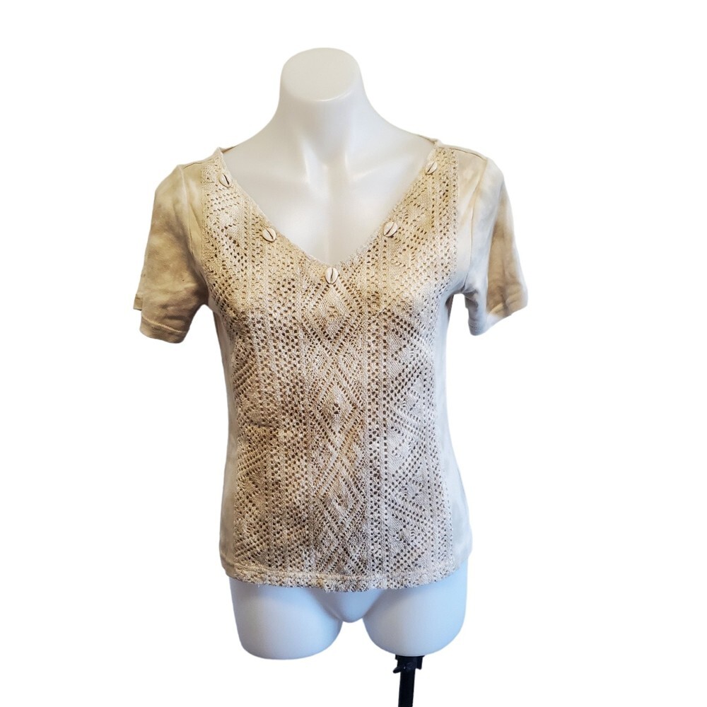 MODA International Y2K Boho Beige Tie Dye Crochet  Seashell T-Shirt Sz Med